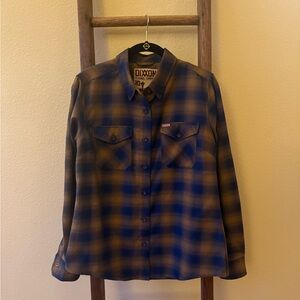 DIXXON Women's The Eddy Flannel Blue and Brown Plaid Button Down Shirt